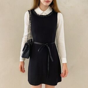 Vintage‎ Christian Dior Dress Womens Small Black Knit Dress Leather Trim Belt